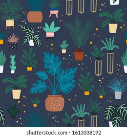 Urban jungle potted houseplans seamless pattern. Cartoon flat hand drawn modern scandinavian design background for wrapping paper, wallpaper, fabric textile