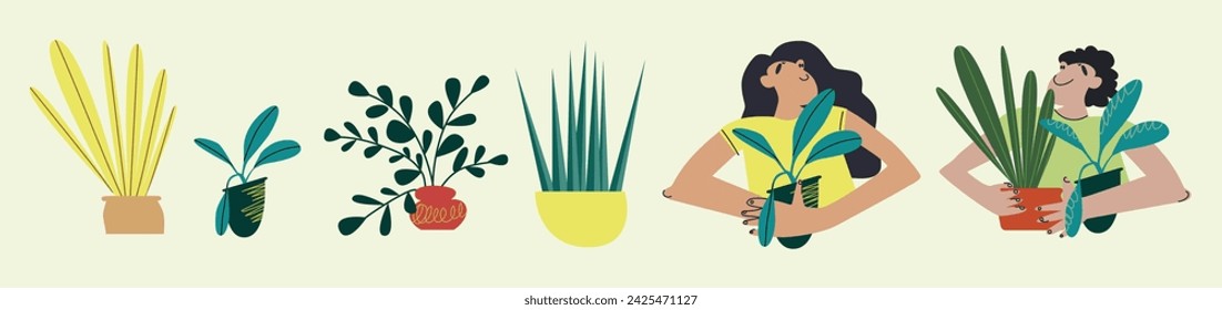 Urban jungle, pottery, illustration of plants and happy plant owners, taking care of plants