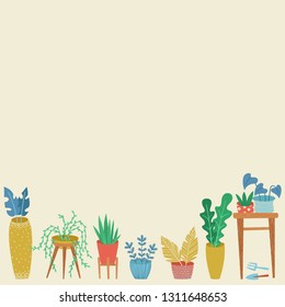 Urban jungle, replanting, gardening concept. Scandinavian ligestyle. House or indoor plants vector illustration. 