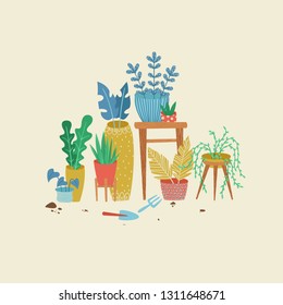 Urban jungle, replanting, gardening concept. Scandinavian ligestyle. House or indoor plants vector illustration. 