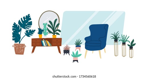 Urban jungle and scandinavian style flat interior design with armchair and indoor plants. Cartoon doodle concept for landing page, banner, poster, advertisement. 