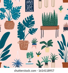 Urban jungle seamless pattern. Cartoon flat hand drawn potted houseplants modern scandinavian design background for wrapping paper, wallpaper, fabric textile. Pink and gold