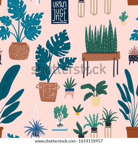 Urban jungle seamless pattern. Cartoon flat hand drawn potted houseplants modern scandinavian design background for wrapping paper, wallpaper, fabric textile. Pink and gold