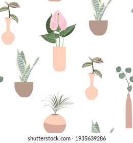 Urban jungle seamless pattern, trendy home decor with plants, branch, flowers, tropical leaves in stylish planters and pots illustration.