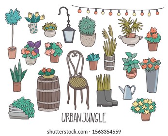 Urban jungle set of home plants. Hand lettering. Hand-drawn vector illustration. 