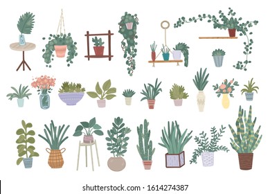 Urban jungle. Set of house plants in scandinavian hygge style. Trendy indoor home decoration with planters, cacti, succulents, flowers. Isolated on white background. Flat cartoon vector illustration.