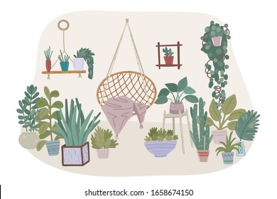 Urban jungle. Set of house plants in scandinavian hygge style. Trendy indoor home decoration with planters, cacti, succulents, flowers. Living room interior with hanging chair. Vector concept