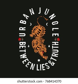 Urban jungle slogan. Tiger with roses. Rock and roll patch. Typography graphic print, fashion drawing for t-shirts. Vector stickers,print, patches vintage