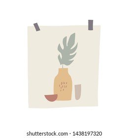 Urban jungle. Spring or summer mood board element. Trendy decor in scandinavian style, hand drawn postcard with plant, monstera leaf. Inspiration for home. Vector illustration.