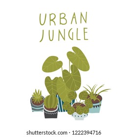 Urban jungle, trendy home decor. Beautiful card with with plants, planters, cacti, tropical leaves. 