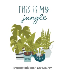 Urban jungle, trendy home decor. Beautiful card with with plants, planters, cacti, tropical leaves. 