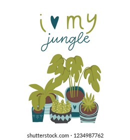 Urban jungle, trendy home decor. Beautiful card with with plants, planters, cacti, tropical leaves. 