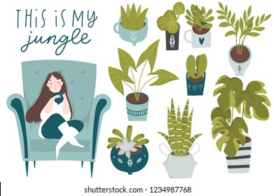 Urban jungle, trendy home decor with plants, planters, cacti, tropical leaves and girl isolated on white background. Set of beautiful natural home decoration