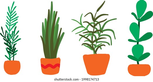 Urban jungle, trendy home decor with plants, cacti, tropical leaves in stylish planters and pots. Vector illustrations