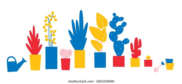 Urban jungle, trendy home decor with plants, cacti, tropical leaves in stylish planters and pots. Vector cartoon flat modern illustration. EPS 10.