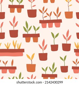 Urban jungle, trendy home decor with plants in stylish planters and pots. Vector seamless pattern, garden background