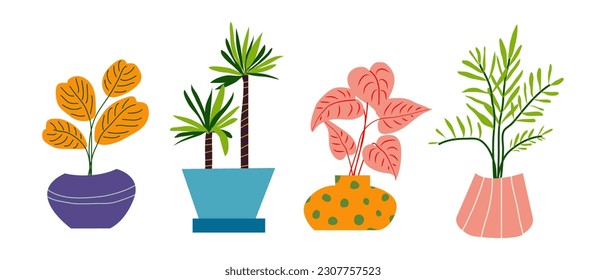 Urban jungle, trendy home decor with plants, tropical leaves in stylish planters and pots. Cartoon style. Vector illustration