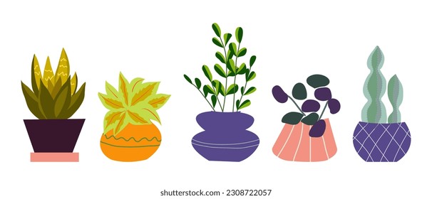 Urban jungle, trendy home decor with plants, tropical leaves in stylish planters and pots. Cartoon style. Vector illustration