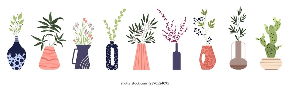 Urban jungle, trendy home decor with plants, cacti, tropical leaves . Vector illustration