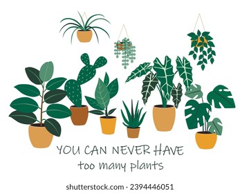 Urban jungle, trendy home decor with plants, cacti, tropical leaves in stylish planters and pots. Vector illustration