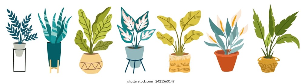 Urban jungle, trendy home decor with plants, cacti, tropical leaves in stylish planters and pots. Vector hand draw illustration