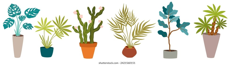 Urban jungle, trendy home decor with plants, cacti, tropical leaves in stylish planters and pots. Vector hand draw illustration