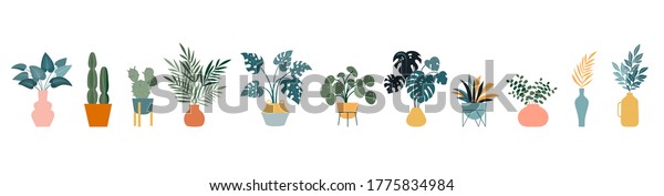 Urban\
jungle, trendy home decor with plants, cacti, tropical leaves in\
stylish planters and pots. Vector\
illustration