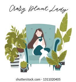 Urban jungle, trendy illustration with home decor, plants, girl planter, cacti, tropical leaves, house flowers. Young woman take care of plants. Crazy plant lady. Garden, gardening. Vector graphic 