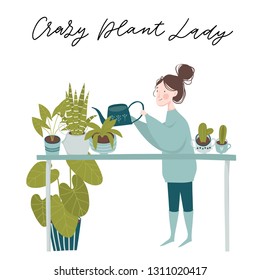 Urban jungle, trendy illustration with home decor, plants, girl planter, cacti, tropical leaves, house flowers. Young woman take care of plants. Crazy plant lady. Garden, gardening. Vector graphic 