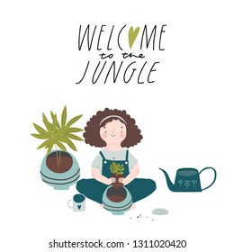 Urban jungle, trendy illustration with home decor, plants, girl planter, cacti, tropical leaves, house flowers. Young woman take care of plants. Crazy plant lady. Garden, gardening. Vector graphic 