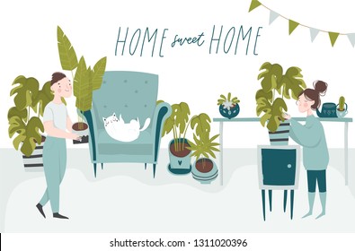 Urban jungle vector illustration concept. Trendy house decor with plants, cat, cacti, tropical leaves and people. Sweet home hand drawn lettering qoute. Boy and girl in apartment