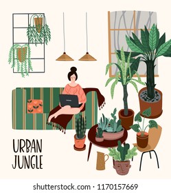 Urban Jungle. Vector illustration with trendy home decor. Houseplants, tropical leaves. Design elements.