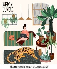 Urban Jungle. Vector illustration with trendy home decor. Houseplants, tropical leaves, leopard