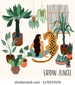 Urban Jungle. Vector illustration with trendy home decor. Houseplants, tropical leaves, leopard