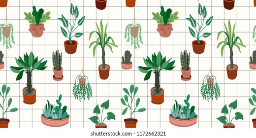 Urban Jungle. Vector seamless pattern with trendy home decor. Houseplants, tropical leaves.