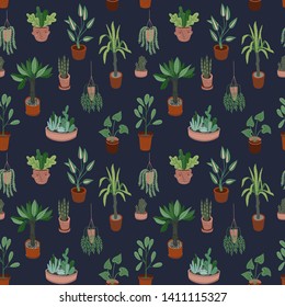 Urban Jungle. Vector seamless pattern with trendy home decor. Houseplants, tropical leaves.