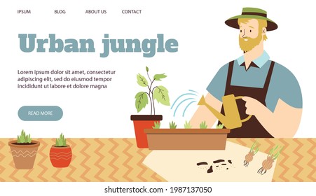 Urban jungle website banner concept with man watering houseplants, flat vector illustration. Landing page mockup on topic of houseplanting hobby and leisure activity.