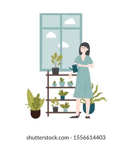 Urban jungle - woman in blue dress watering green house plants by the window, domestic gardening and modern apartment interior design - isolated flat vector illustration