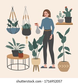 Urban jungle, young girl caring for plants, garden at cozy home, set flowers in flat cartoon style, modern apartment. Vector illustration. 