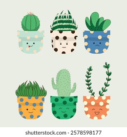 Urban jungles. Tropical leaves in stylish planters and pots. Vector illustration. Cactus with cute pots