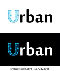Urban label, title caption on white and black color isolated. First capital letter in style of modern futuristic abstract design demonstrating modernity and progressiveness.