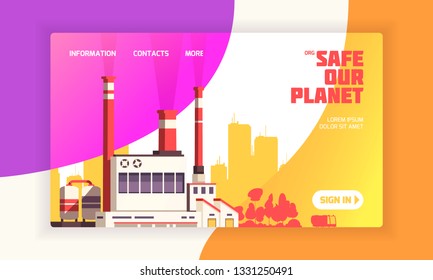 Urban landing page for environmental defense websites with power plant and caption safe our planet vector illustration