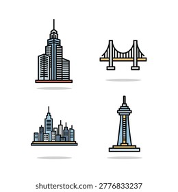 Urban landmarks including skyscraper skyline suspension bridge and observation tower for travel architecture city planning and tourism themes.