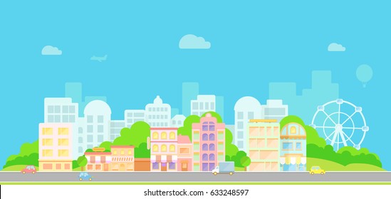 Urban landsacpe with buildings, ferris wheel and cars. Vector illustration in flat. 