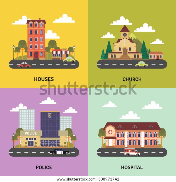 Urban landscape 4 flat icons square\
composition banner with police department and church abstract\
isolated vector\
illustration