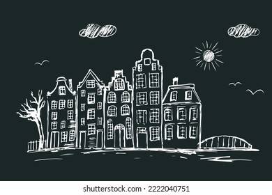 Urban landscape. Amsterdam. Drawing with white chalk on a blackboard. Drawn primitively by a child