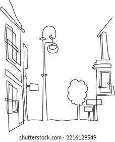 Urban landscape. Ancient building. Landscape of streets with low houses and old street lamps. Continuous line drawing. Vector illustration.