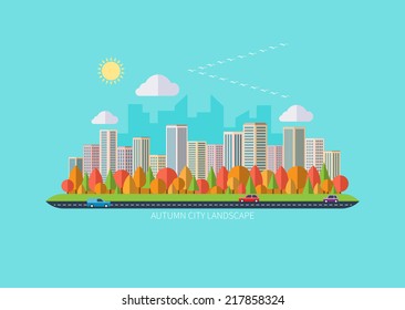 Urban landscape. Autumn city. Flat design. Vector illustration