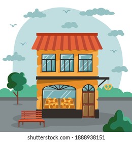 Urban landscape with bakery shop. Facade store building in flat style. Urban small shop isolated on white background. Vector illustration