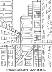 Urban landscape. Balcony view to buildings and skyscrapers. Hand drawn coloring page for kids and adults. Beautiful lineart drawing. Coloring pictures. Vector